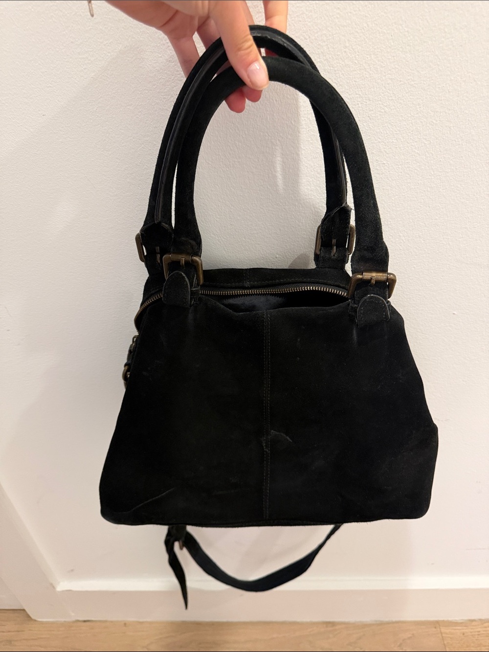 Ecote Black Suede Shoulder Bag with Double Handles